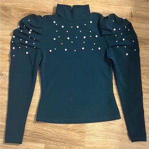 Dark Green Long-Sleeved Top with Pearlescent Beaded Accent Size XS/2